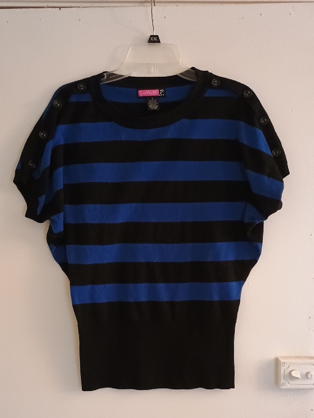 Say What? Blue and Black Striped Top with Button Detail